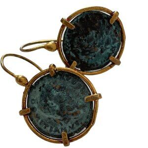Ancient Coin Replica Earrings Verdigris Patina Gold Frame Wire and Hook Closure